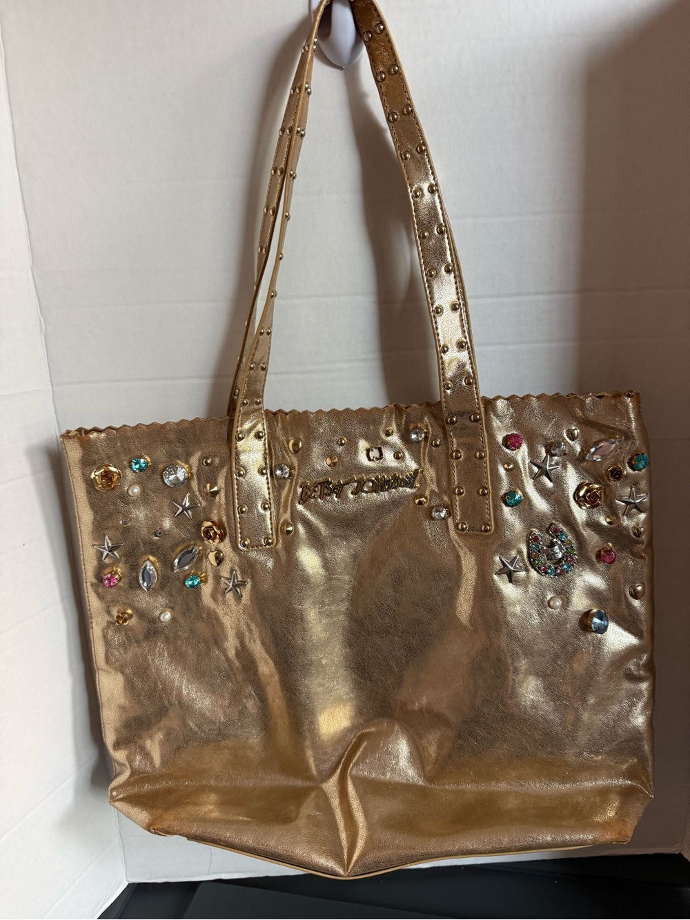 Betsey Johnson Gold Metallic Tote with Multicolor Gem Accents